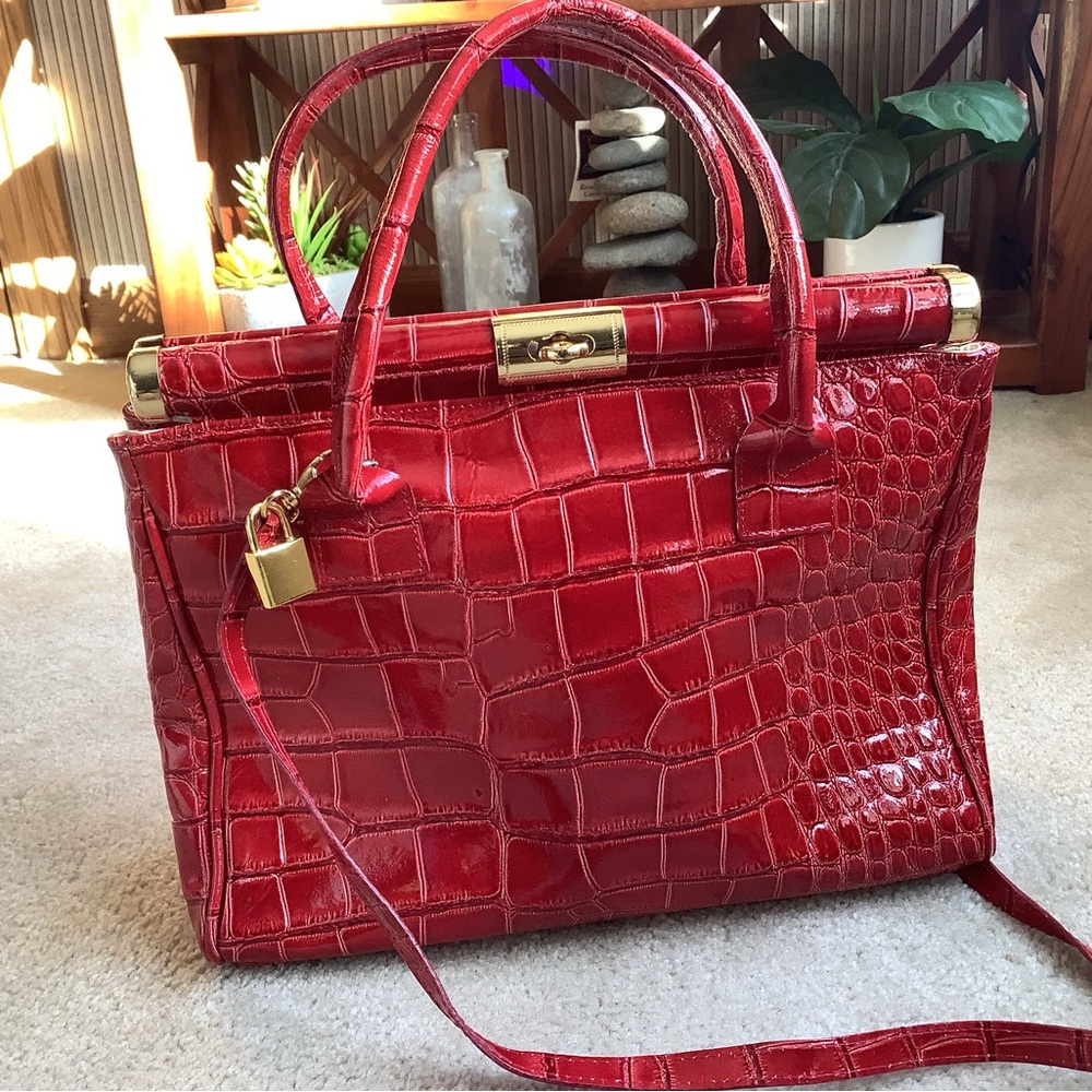 Genuine Leather, Made in Italy, red croc embossed, handbag
